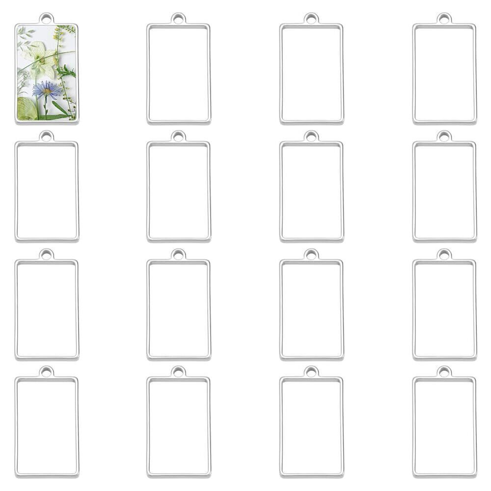 5836 16Pcs Open Bezels for Resin 304 Stainless Steel Rectangle Charms Metal